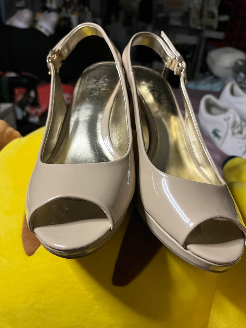 Life Stride Beige Patent Peep-Toe Slingback Heels